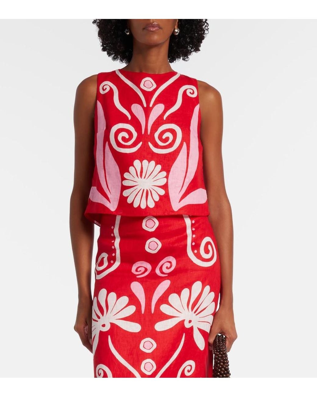 Cala De La Cruz Red Avelino Floral Linen Top