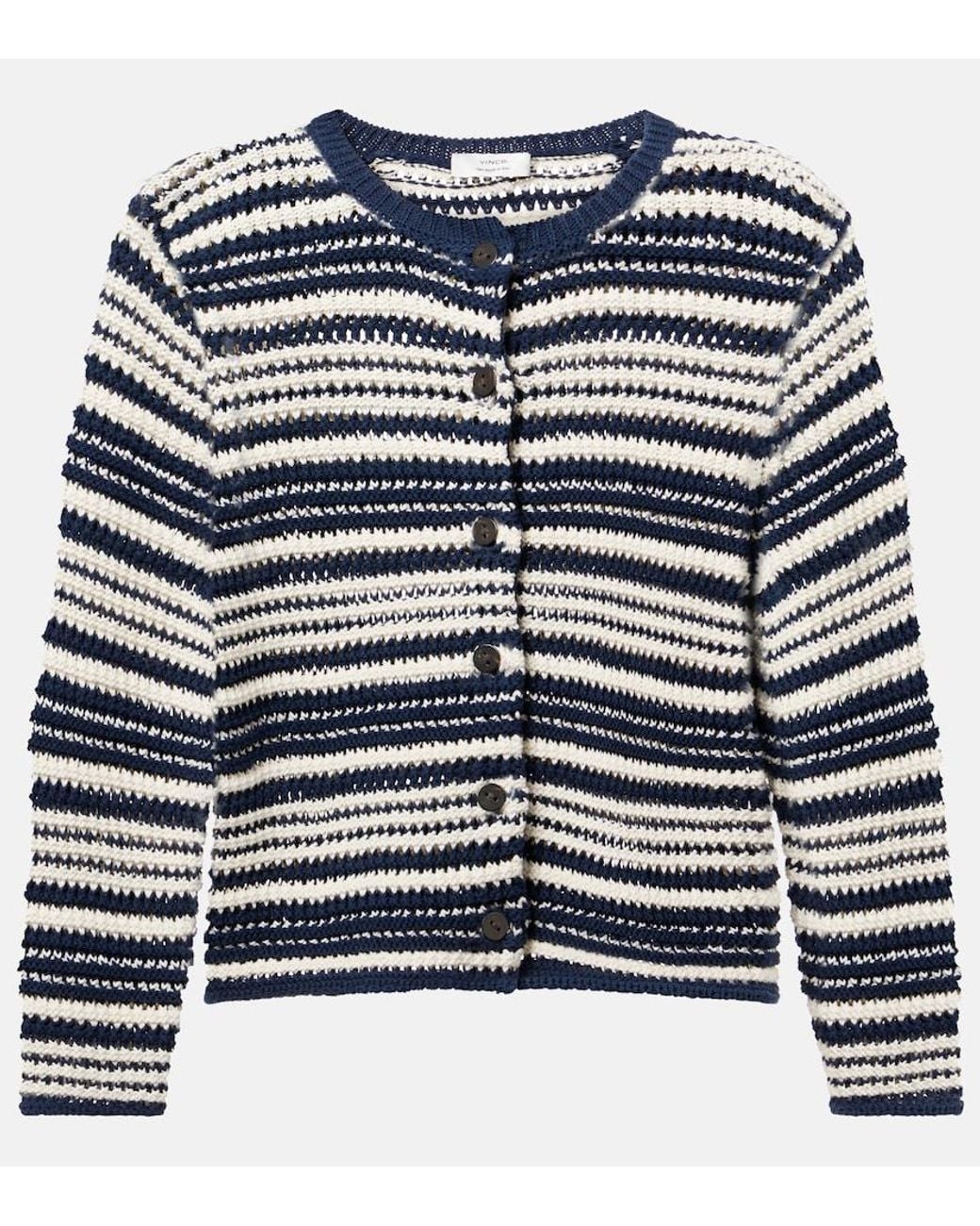 Vince Blue Open-Knit Striped Cotton Cardigan
