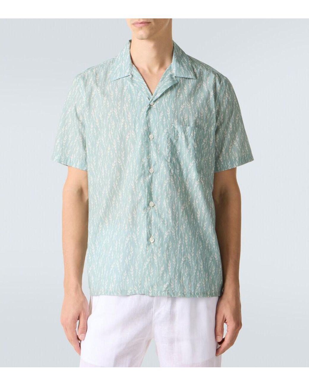 Canali Blue Printed Cotton-Blend Bowling Shirt for men