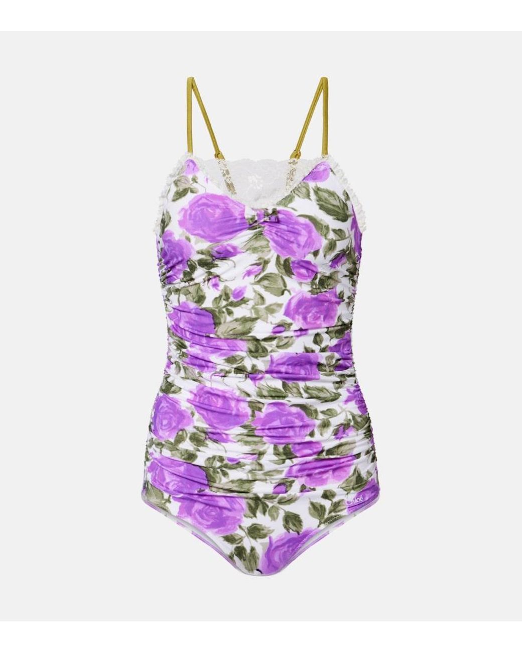 Chloé Purple Floral Ruched Lace-Trimmed Swimsuit