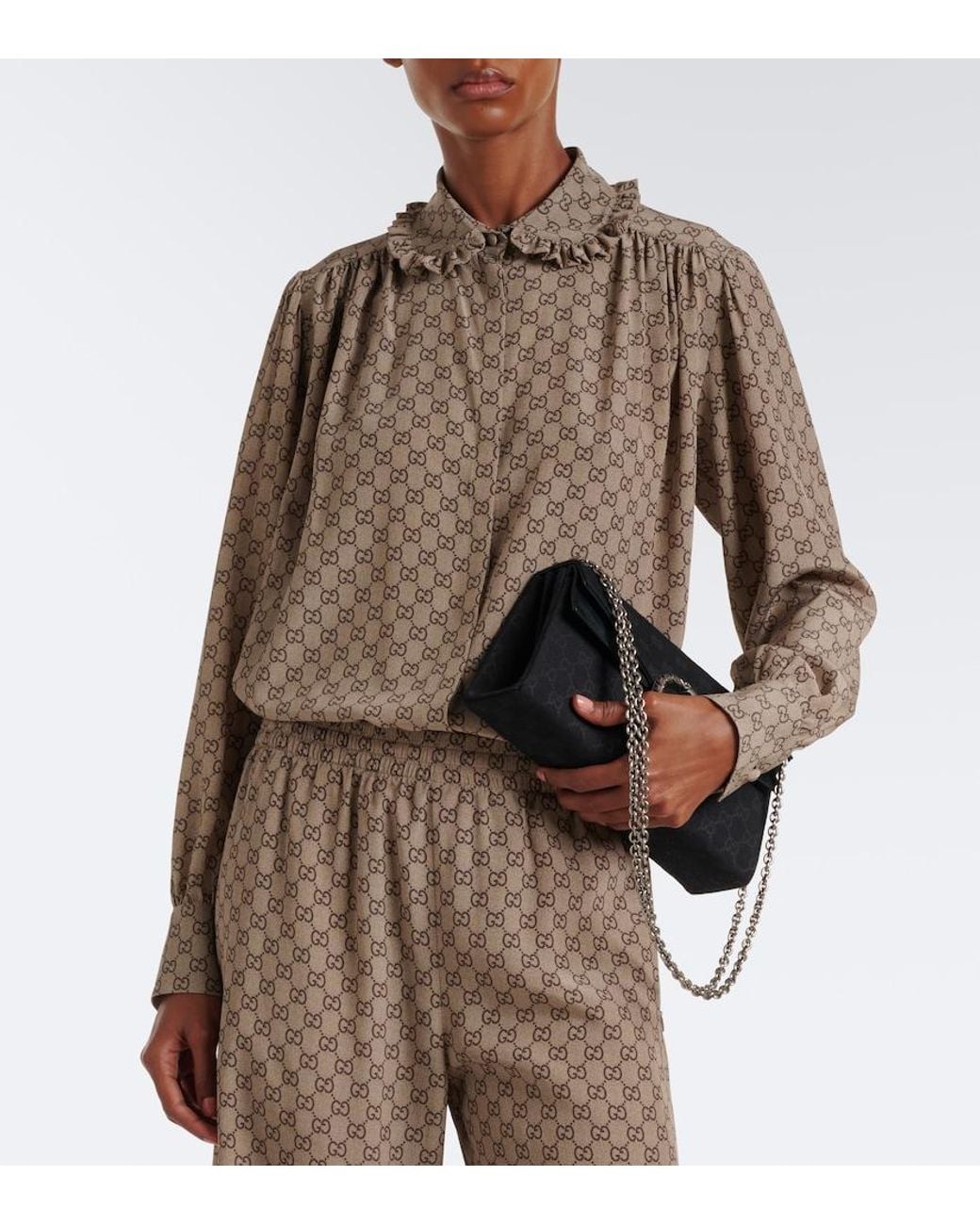 Gucci Brown Gg Silk Crepe De Chine Blouse