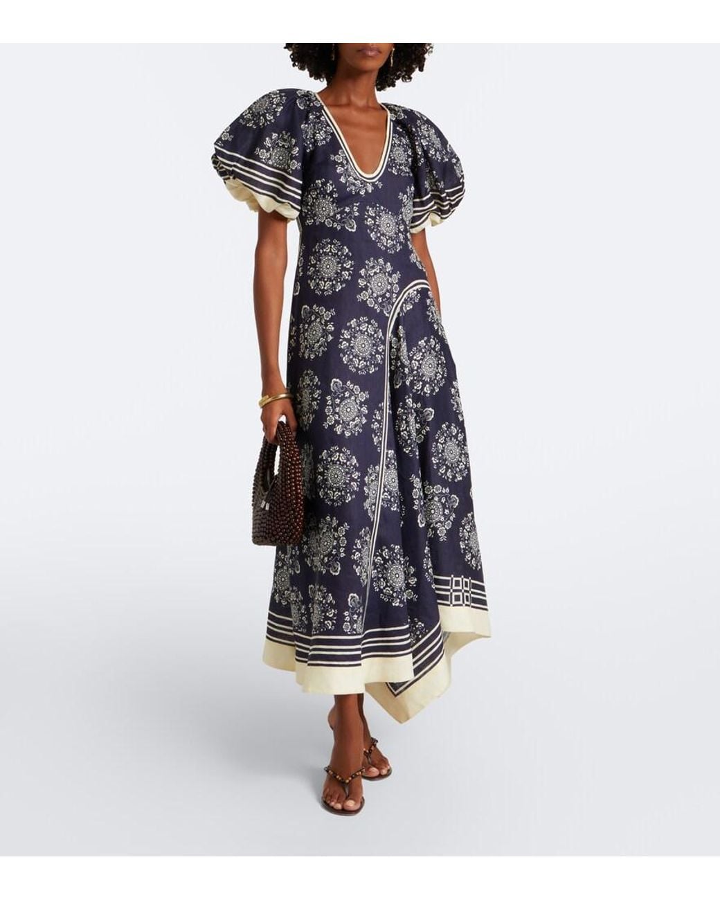 ALÉMAIS Blue Banderra Floral Linen Midi Dress