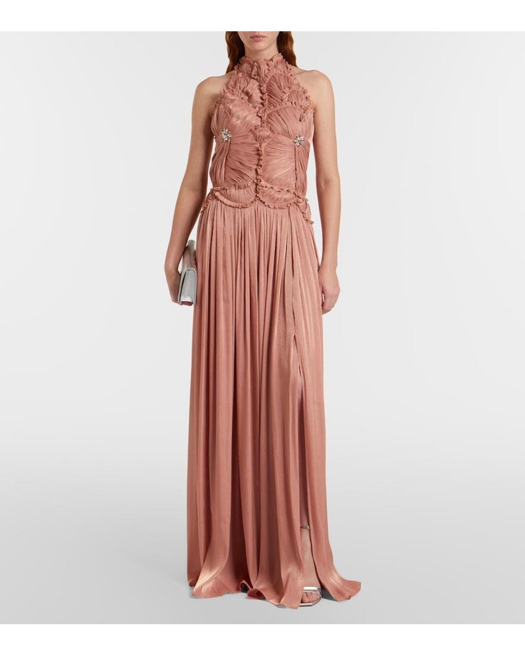 Costarellos Pink Embellished Ruched Georgette Gown