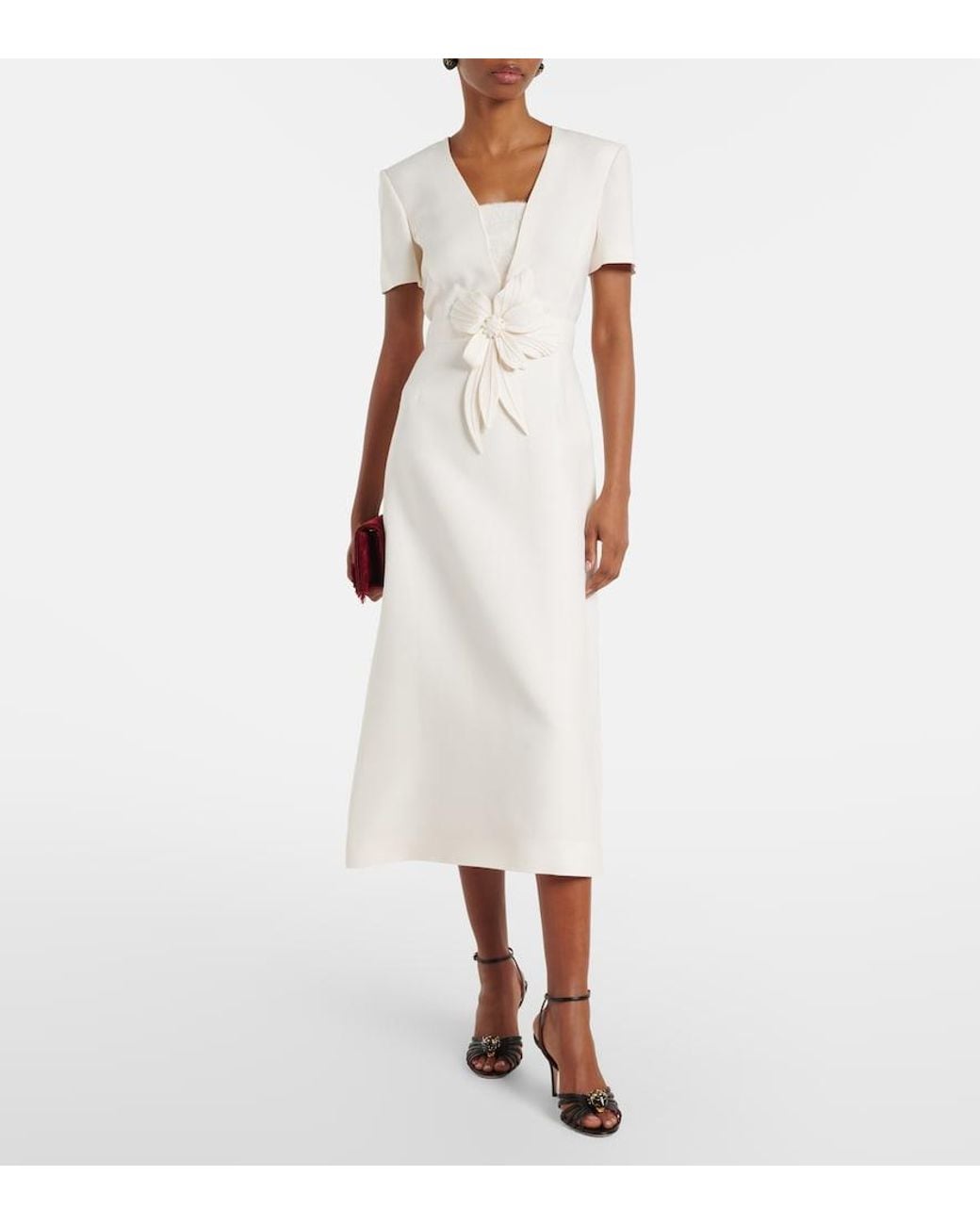 Valentino Garavani White Crepe Couture Floral-Applique Midi Dress