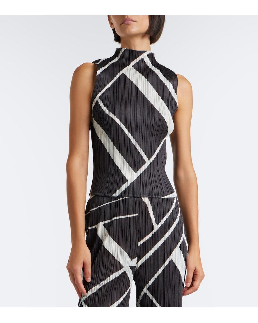 Pleats Please Issey Miyake Black Fold Line Pleated Printed Top