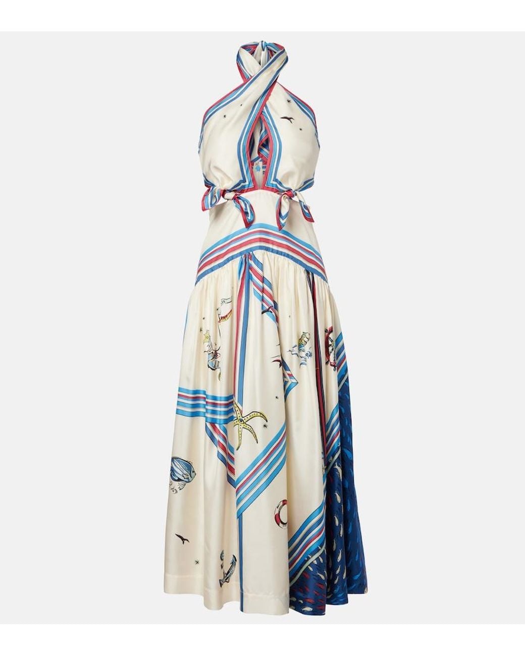 ALÉMAIS Blue Apollo Cutout Printed Silk Midi Dress