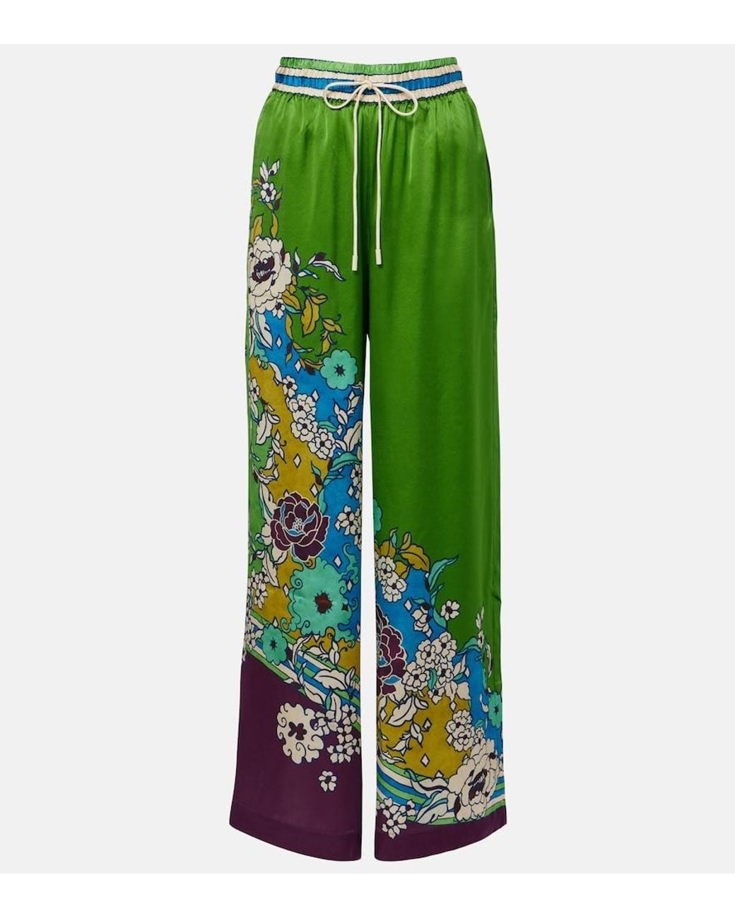 ALÉMAIS Green Nanci Printed Silk Satin Wide-Leg Pants