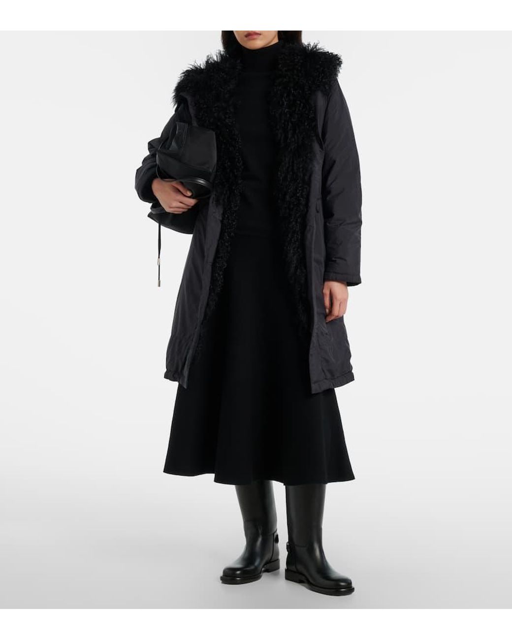 Yves Salomon Black Hooded Shearling-Trimmed Down Coat