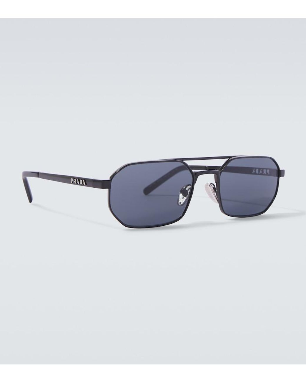 Prada Blue Engraved Rectangular Sunglasses for men
