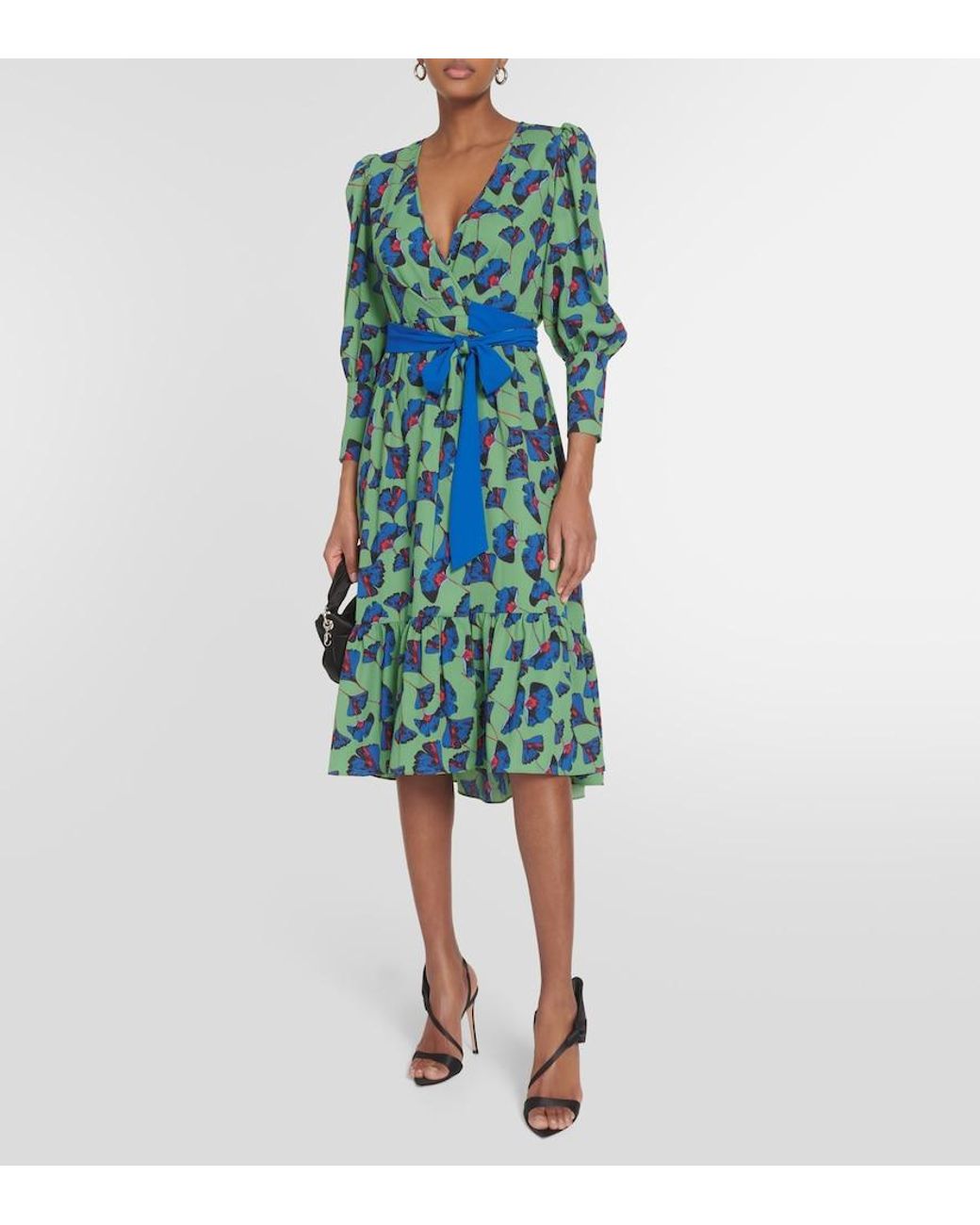 Diane von Furstenberg Green Blade Printed Crepe Wrap Dress