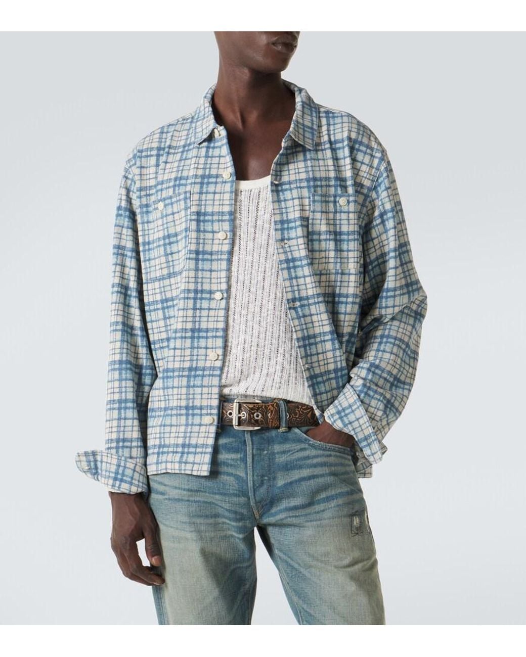 RRL Blue Plaid Cotton And Linen Jersey Shirt for men