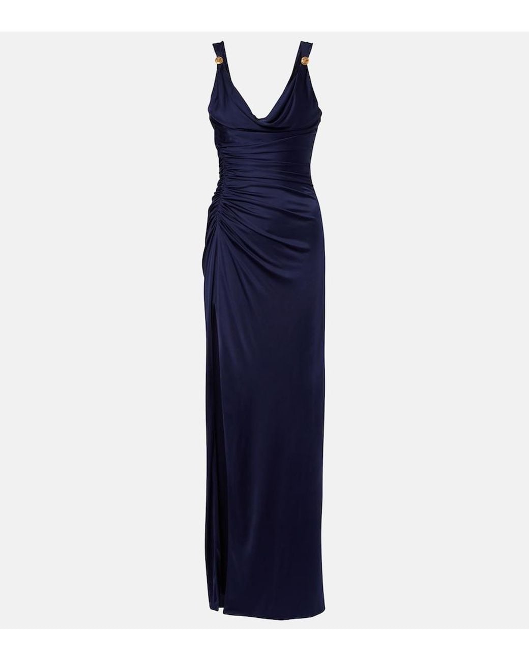 Versace Blue Medusa Draped Ruched Jersey Gown