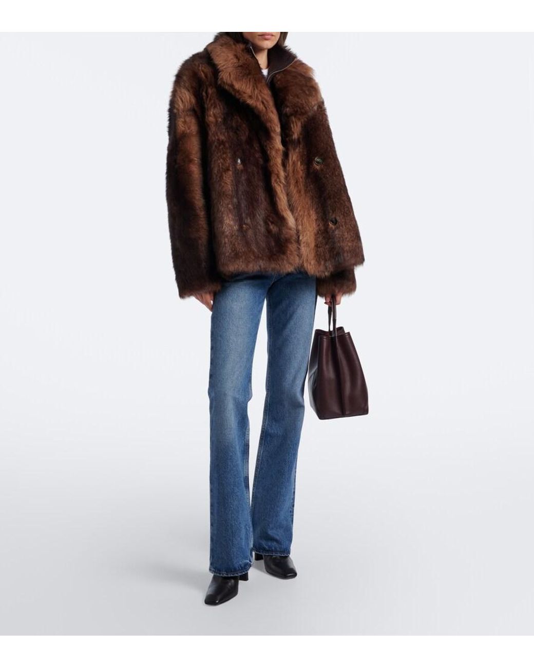 Yves Salomon Brown Double-Breasted Shearling Jacket
