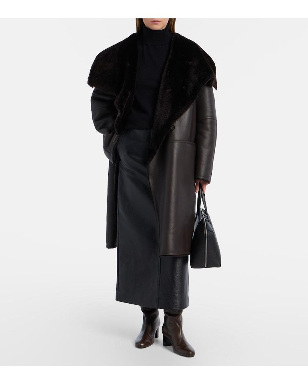 Totême Black Shearling-Lined Leather Coat