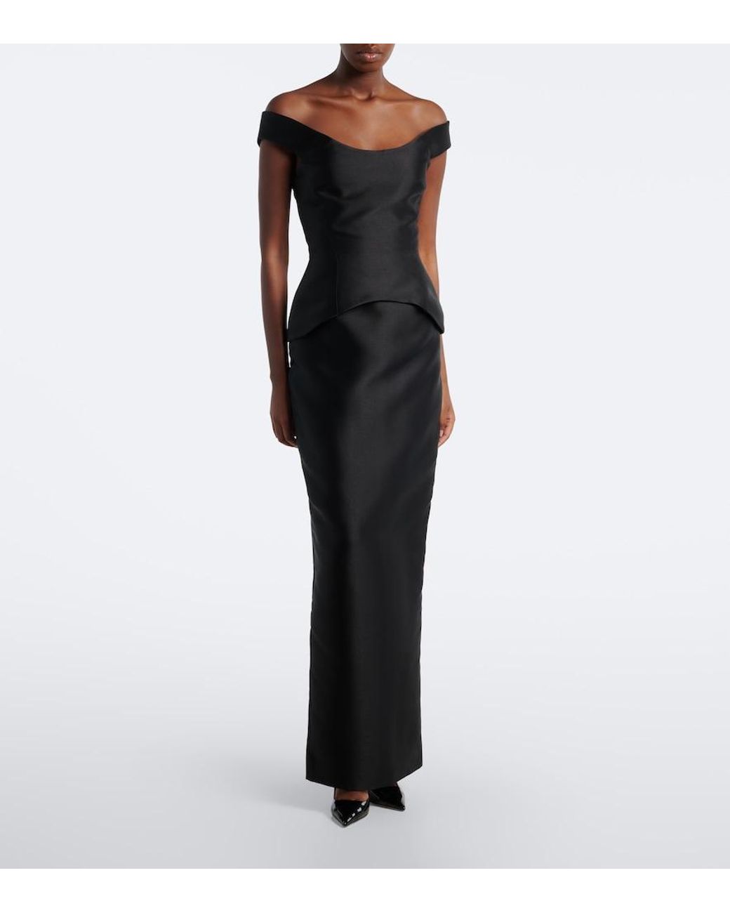 Solace London Black Pieta Off-Shoulder Peplum Satin Gown