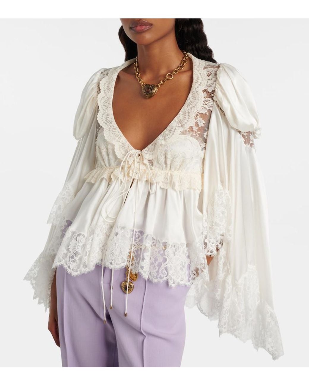 Chloé White Lace-Trimmed Silk Satin Top