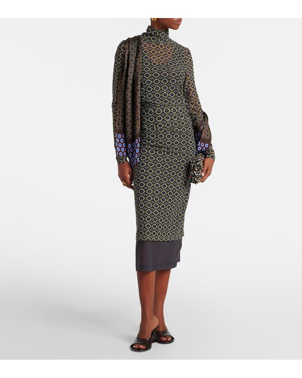 Dries Van Noten Green Printed Midi Dress