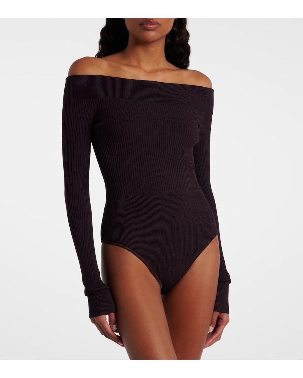 Alaïa Blue Ribbed-Knit Off-Shoulder Bodysuit