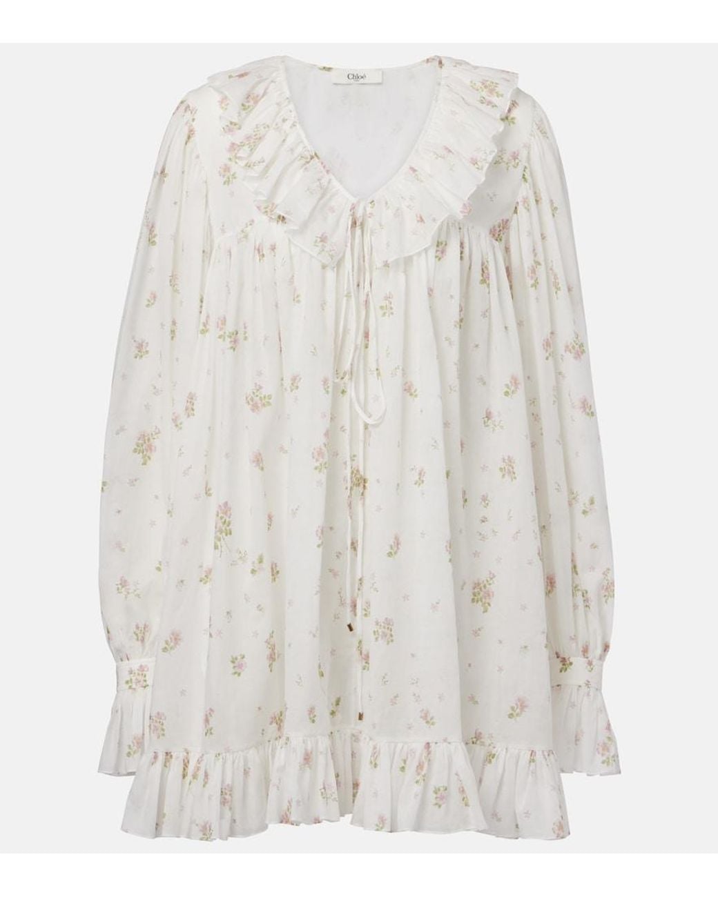 Chloé White Printed Ruffled Cotton Minidress