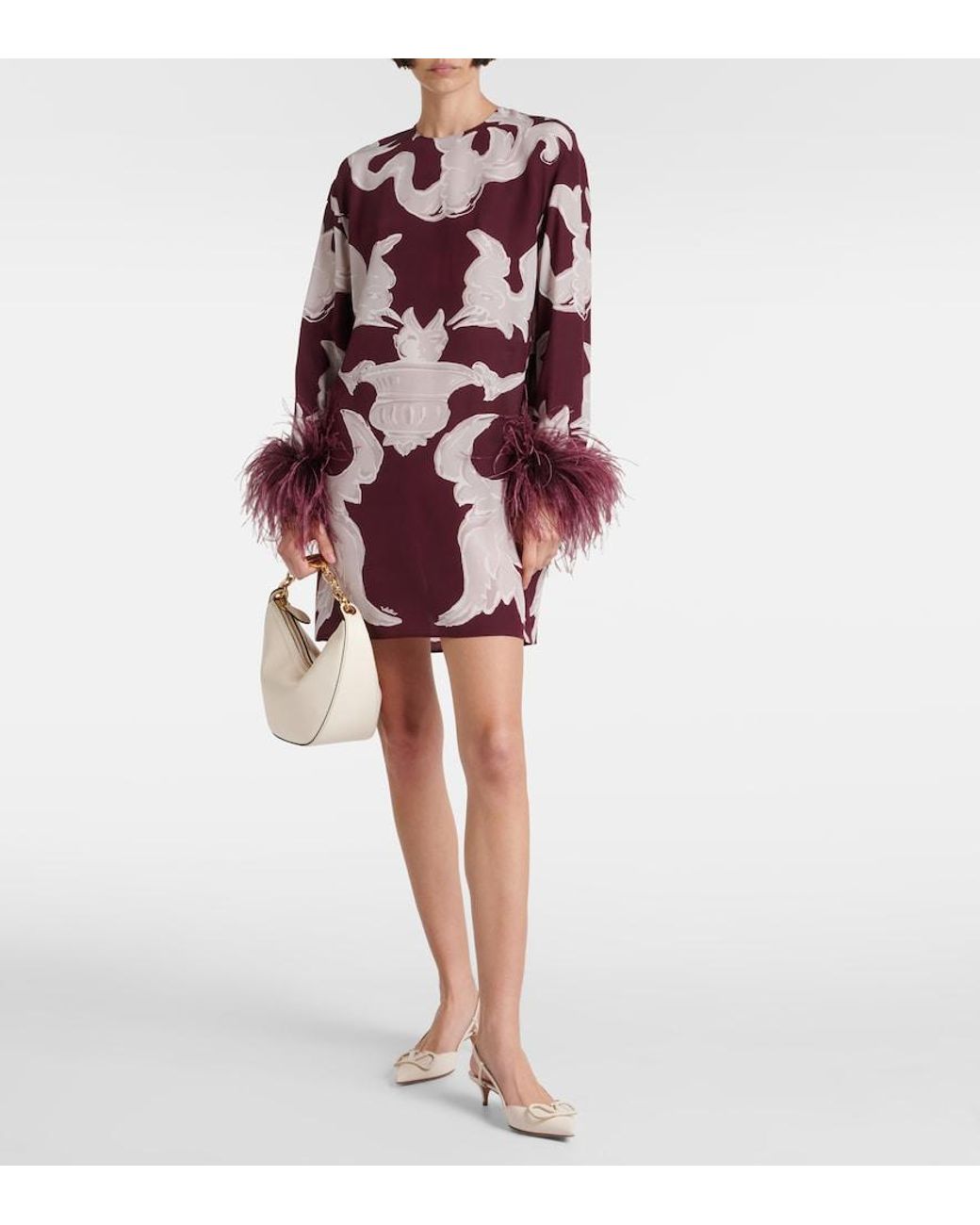 Valentino Garavani Red Printed Feather-Trimmed Silk Minidress
