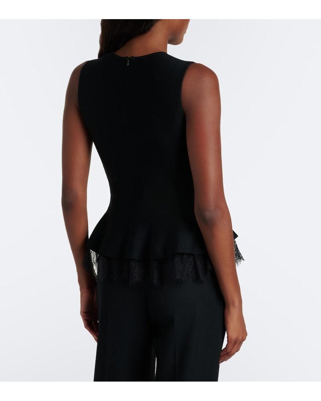 McQueen Black Lace-Trimmed Peplum Top