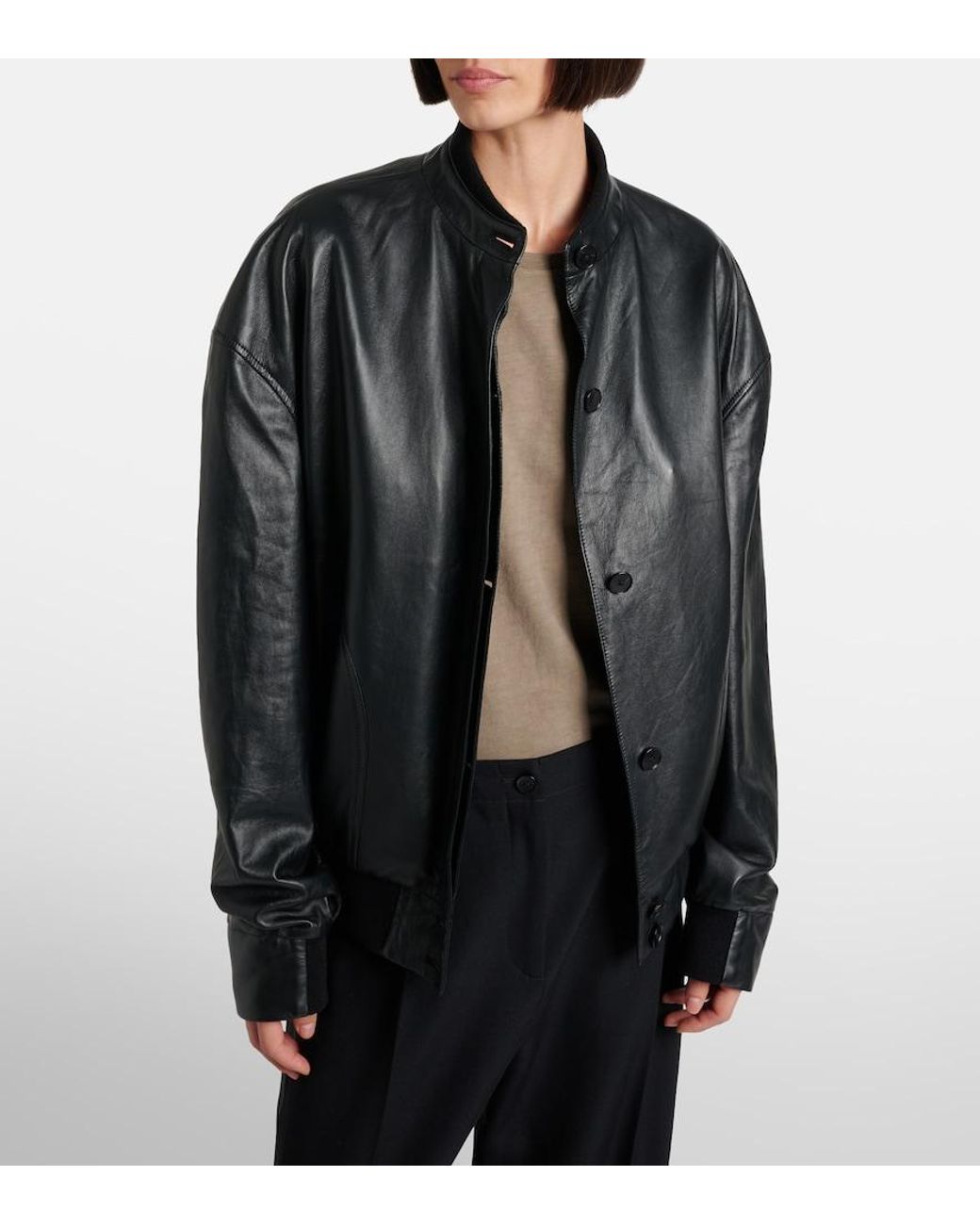The Row Black Eleonora Leather Bomber Jacket