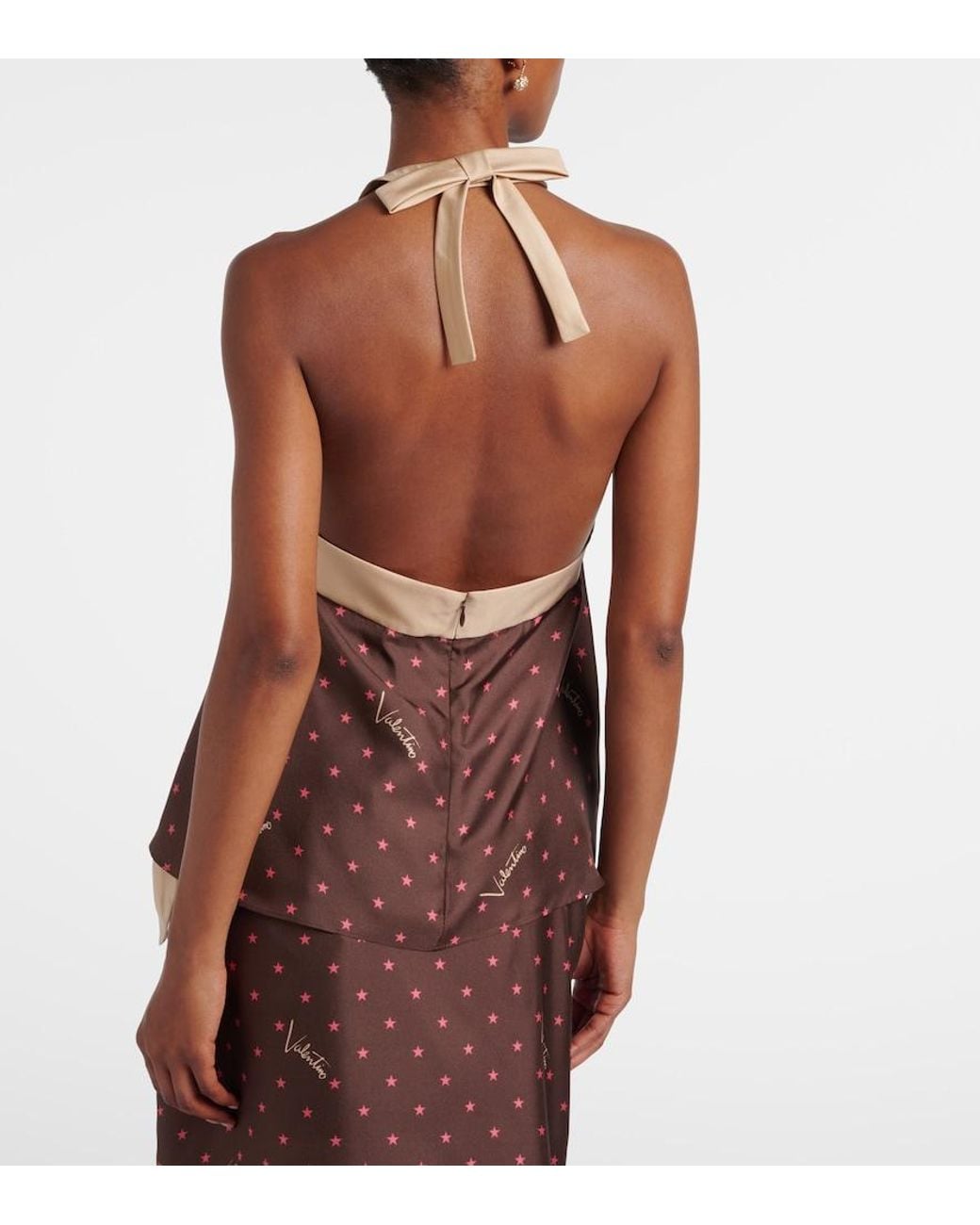 Valentino Garavani Brown Printed Halterneck Silk Twill Top
