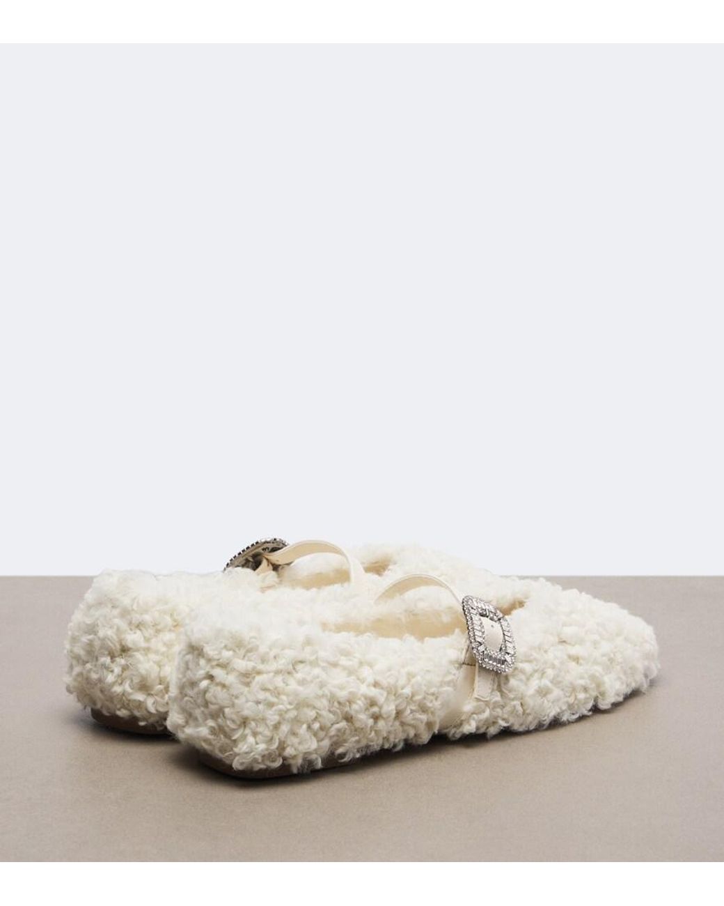 Roger Vivier White Pilgrim Strass Shearling Mary Jane Flats