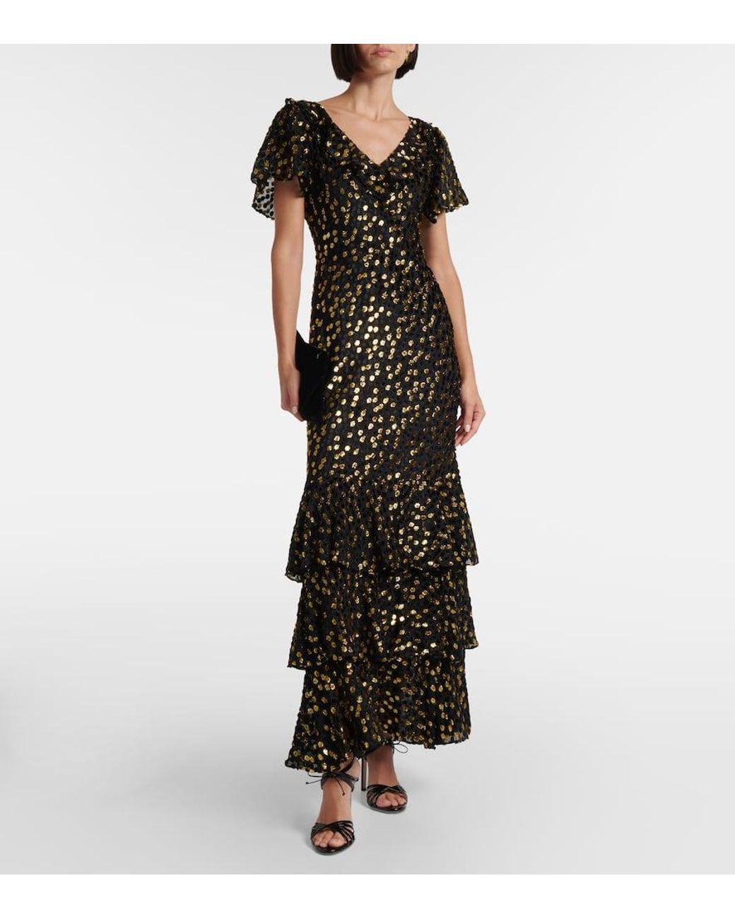 Rixo Green Amelle Embellished Tiered Maxi Dress