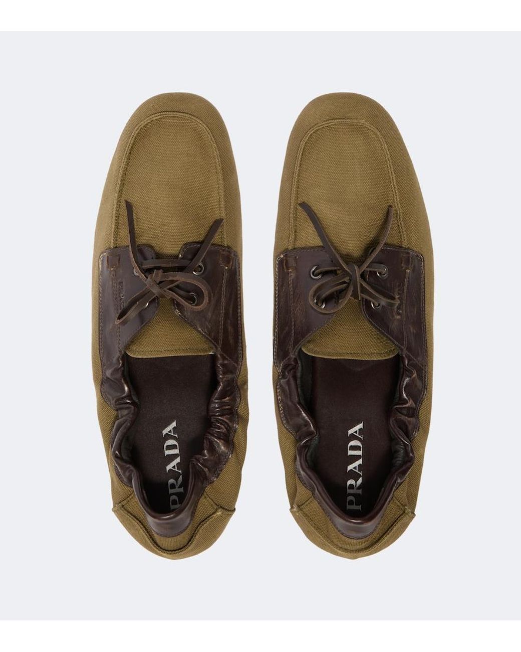 Prada Brown Shuffle Leather-Trimmed Canvas Boat Shoes for men