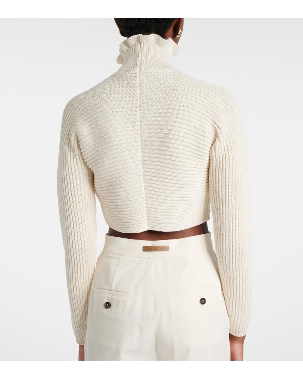 Max Mara White Campo Ribbed-Knit Cropped Turtleneck Sweater