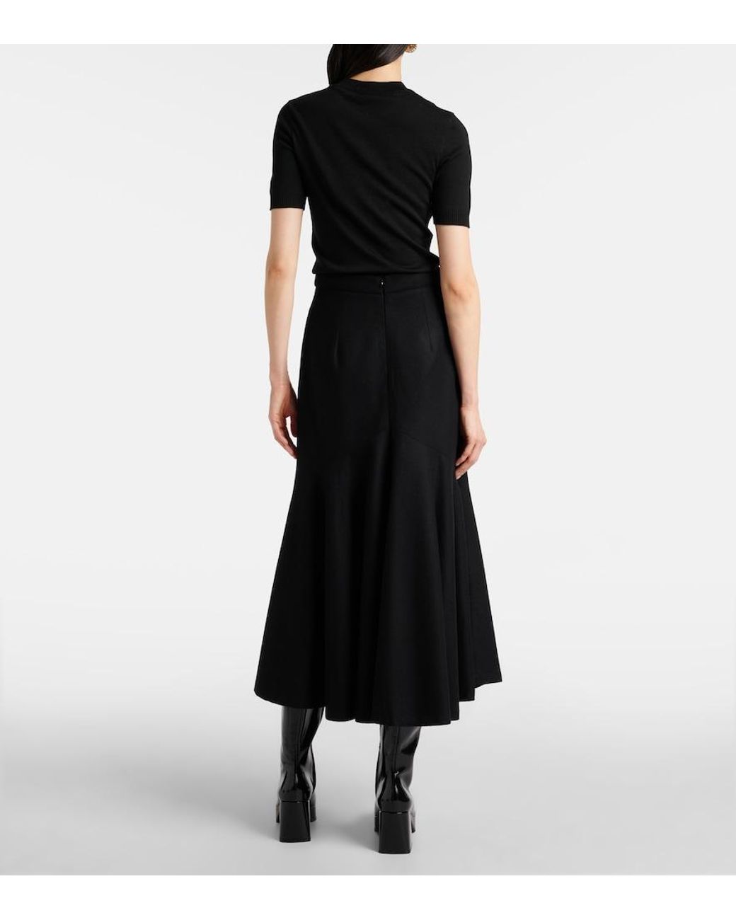 Patou Black Peplum Wool-Blend Midi Skirt