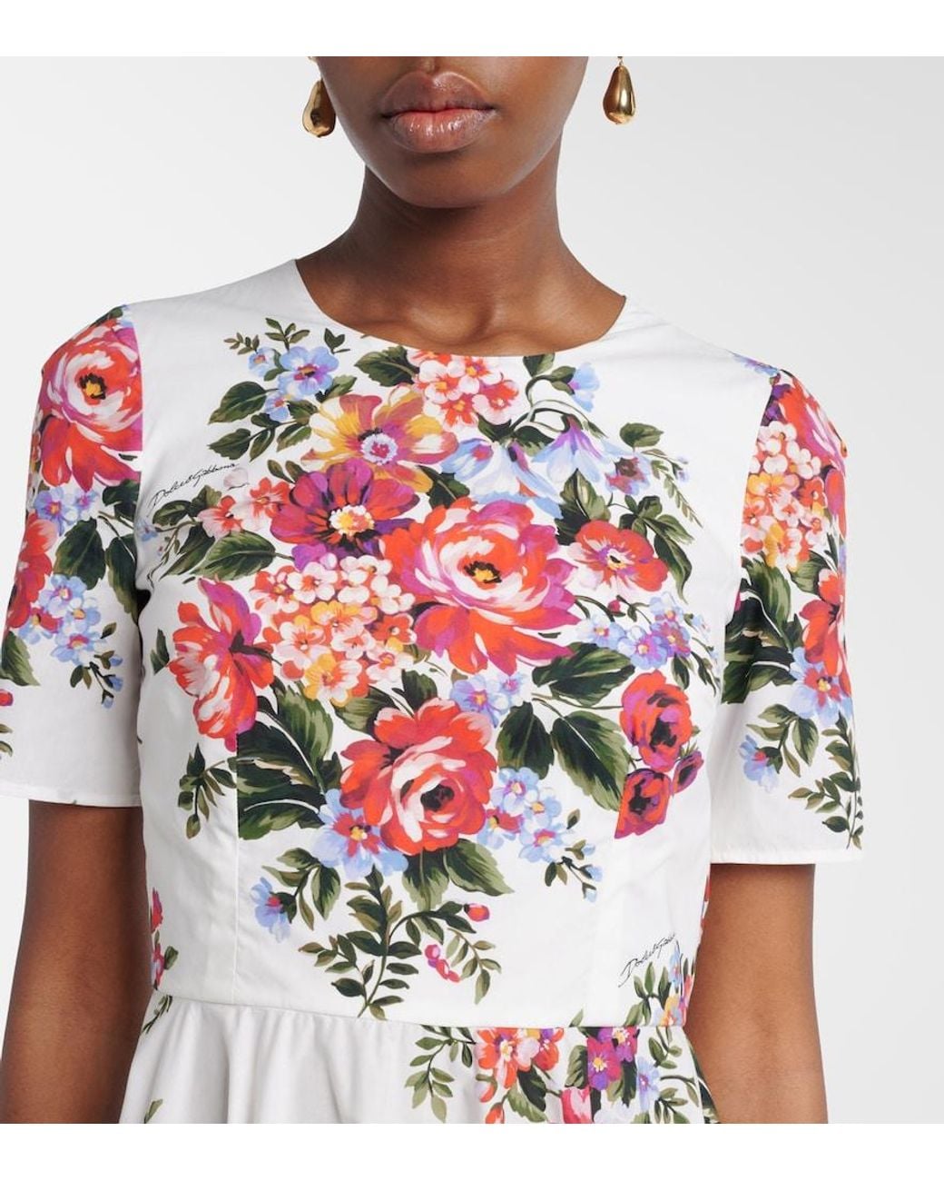 Dolce & Gabbana Red Floral Cotton Midi Dress