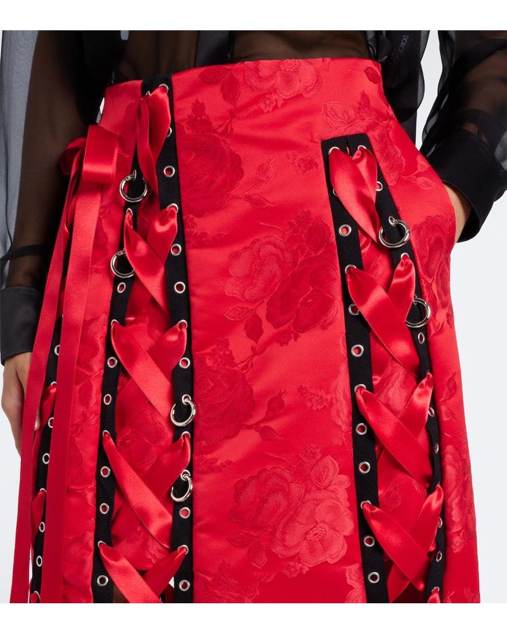 Simone Rocha Red Bow-Detail Floral Brocade Midi Skirt