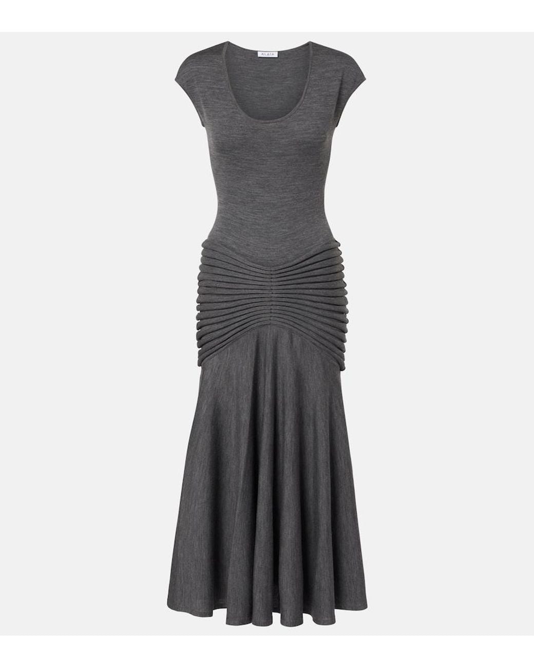 Alaïa Gray Sculpting Panel Wool Midi Dress