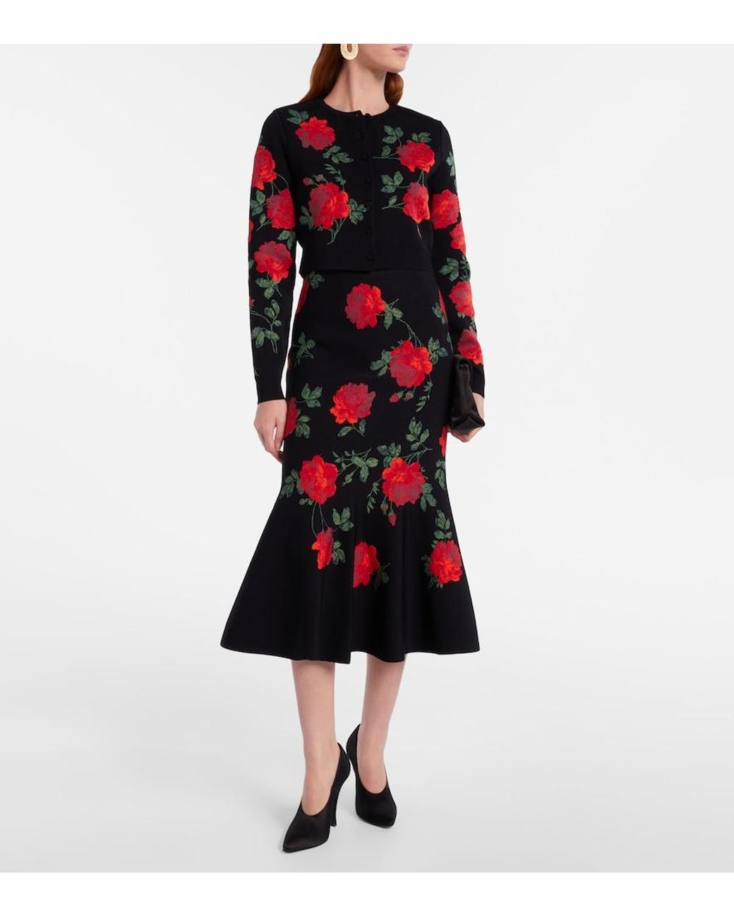 Carolina Herrera Red Floral Cropped Jacquard Cardigan