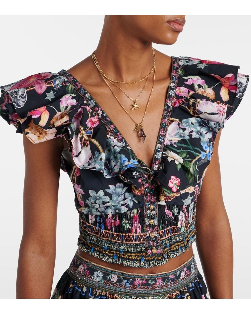 Camilla Metallic Crystal-Embellished Cotton Crop Top