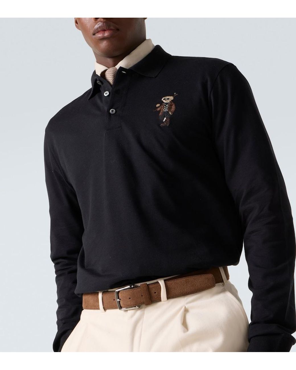 Ralph Lauren Black Embroidered Cotton And Cashmere Polo Shirt for men