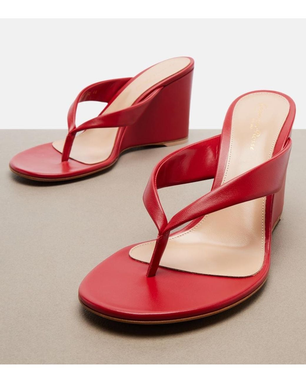 Gianvito Rossi Red Leather Wedge Thong Sandals