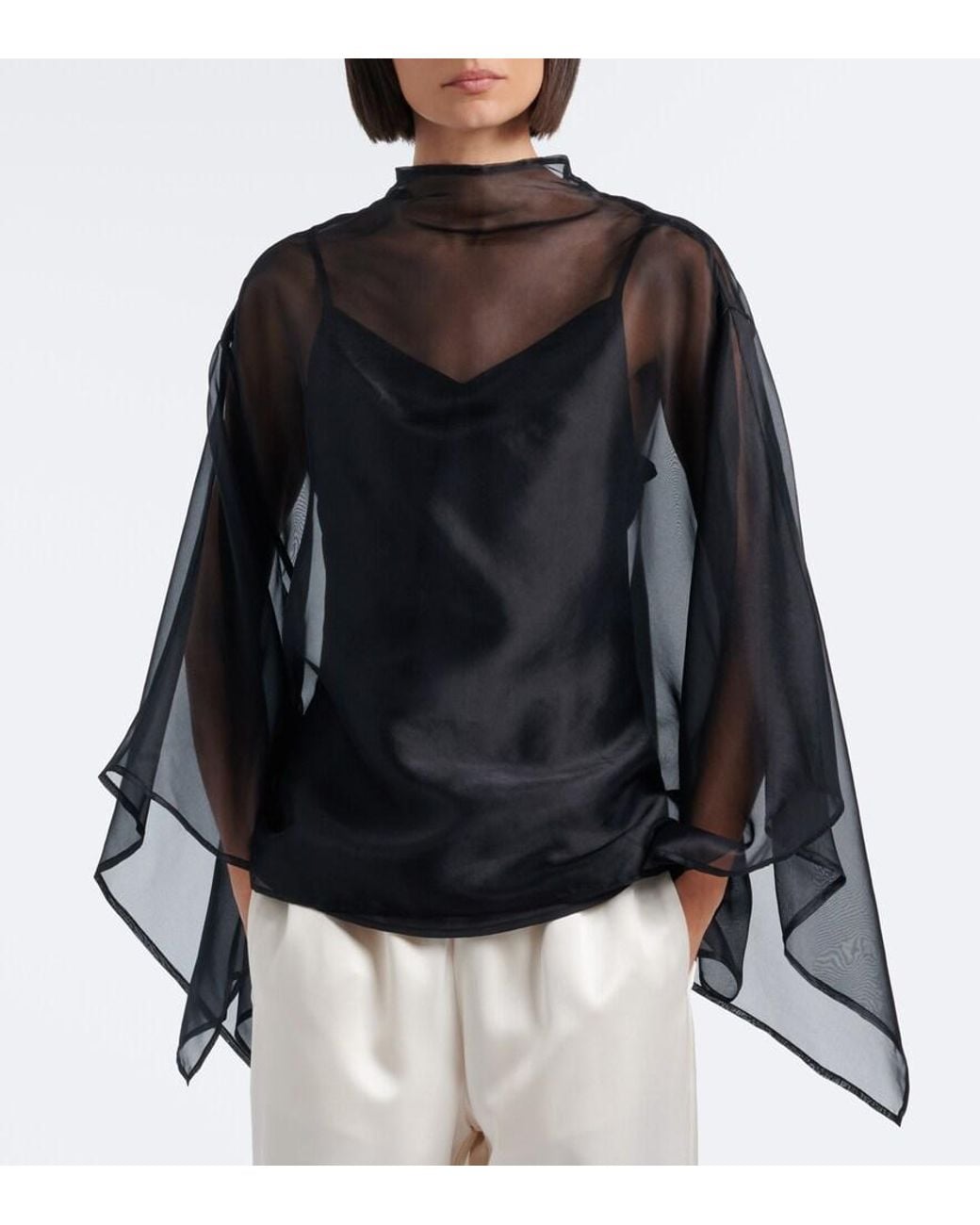 Staud Black Fia Draped Silk Organza Top