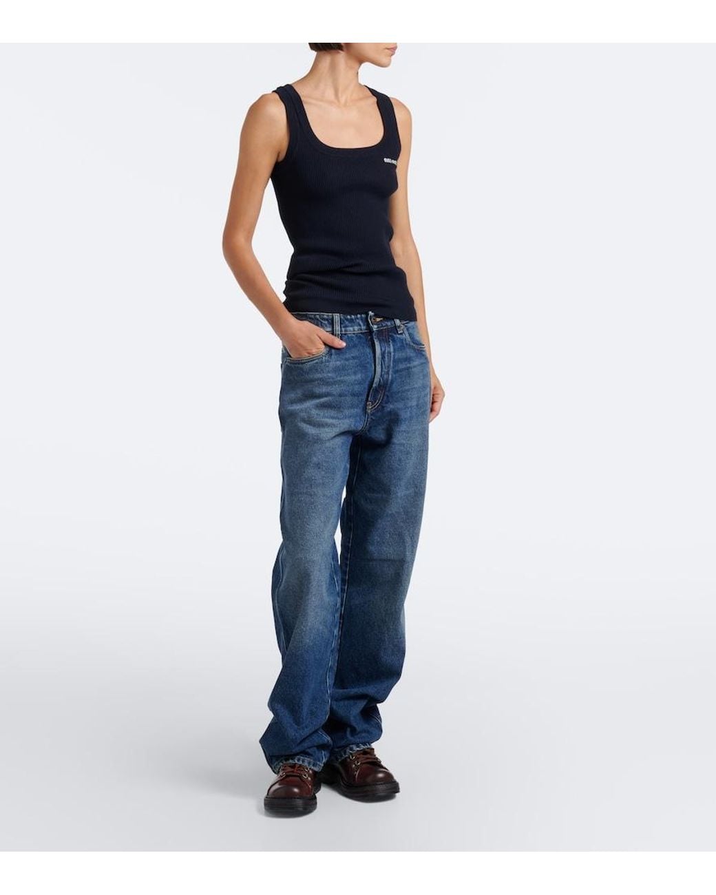 Miu Miu Blue Ribbed-Knit Cotton Tank Top