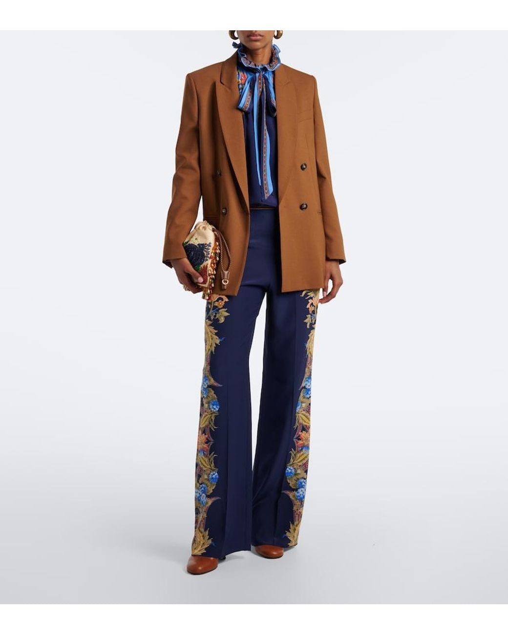 Etro Blue Floral Silk Straight Pants
