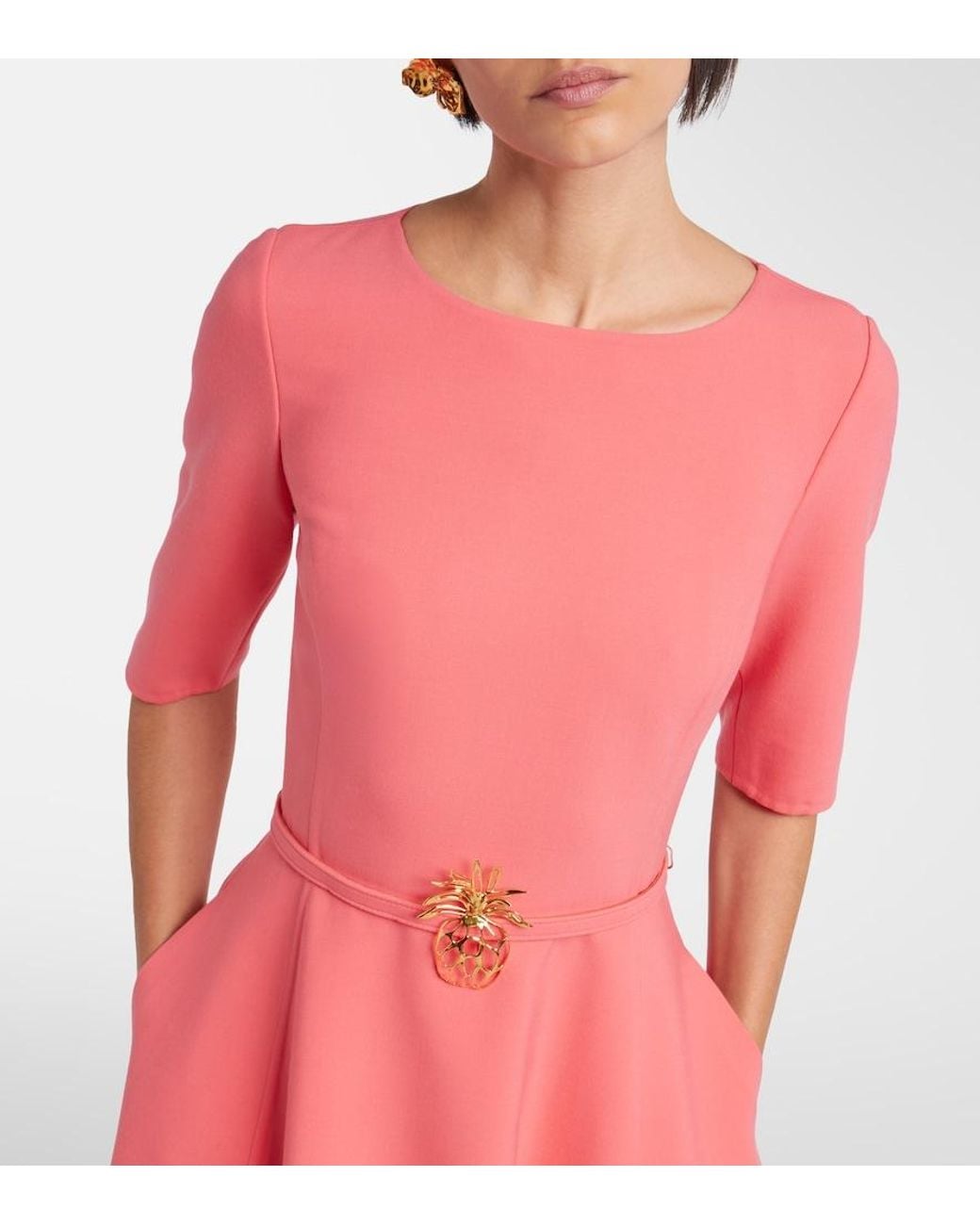 Oscar de la Renta Pink Belted Wool-Blend Midi Dress