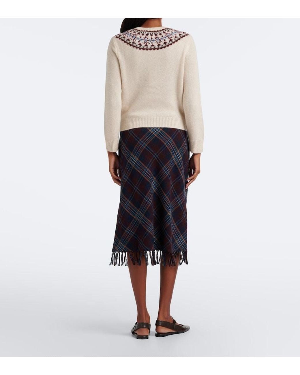 Doen Blue Elowette Fringed Plaid Midi Skirt