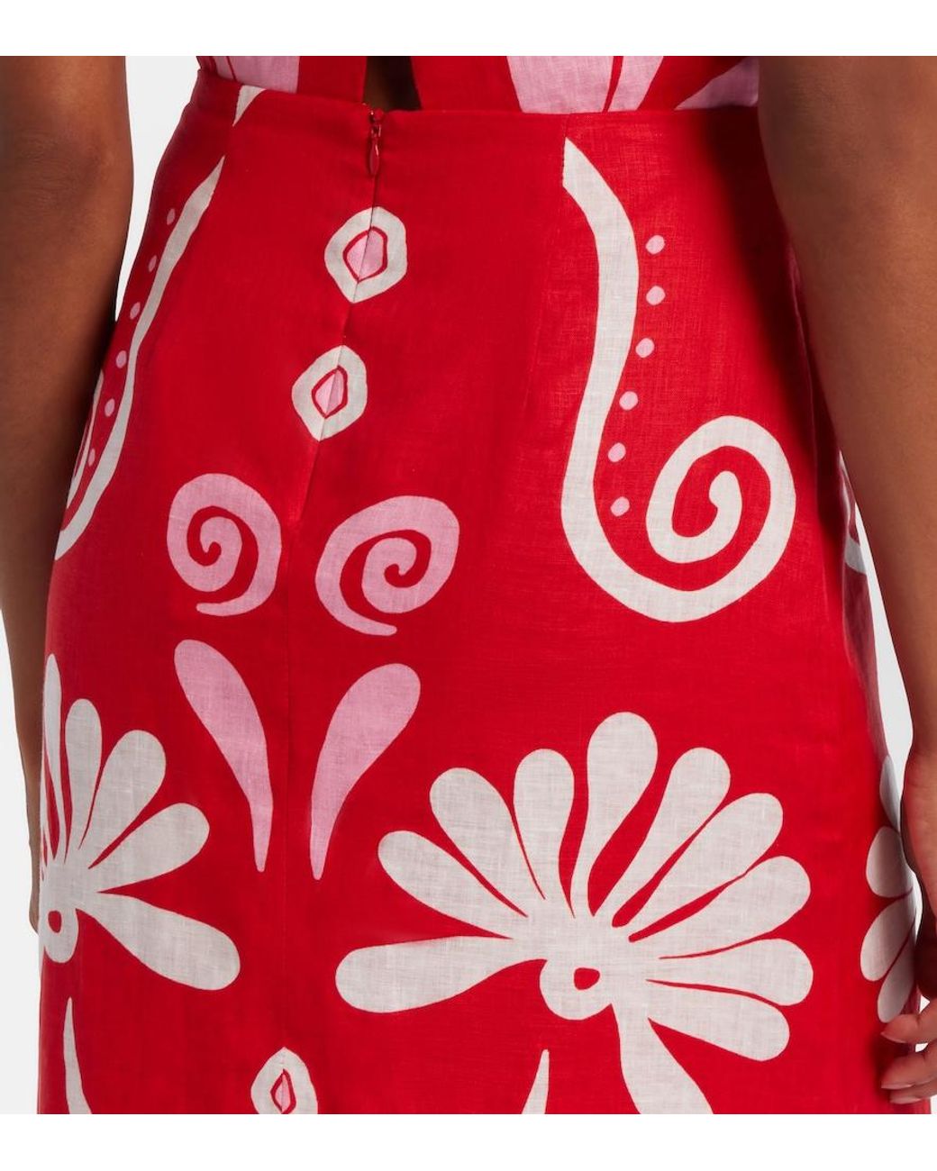 Cala De La Cruz Red Fabiana Printed Linen Midi Skirt