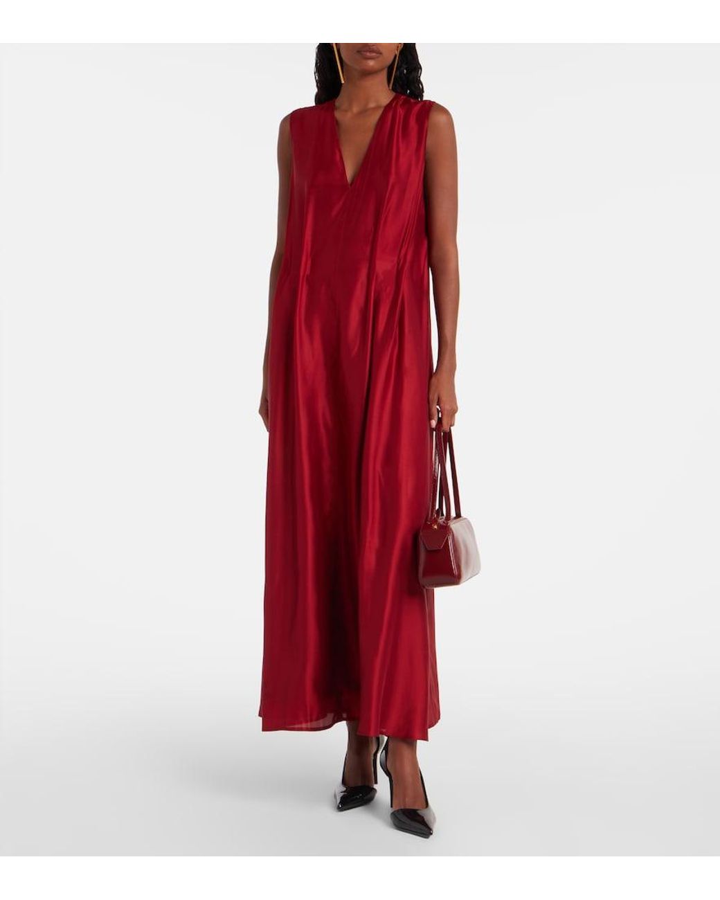 Khaite Red Syd Pleated Satin-Twill Midi Dress