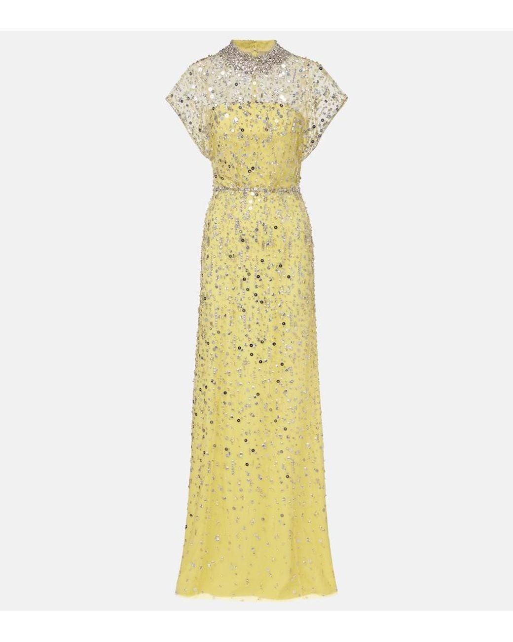 Jenny Packham Yellow Crystal Drop Beaded Gown