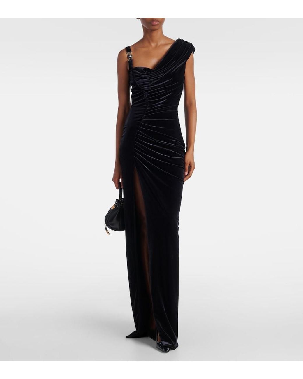 Versace Black Asymmetric Gathered Velvet Gown