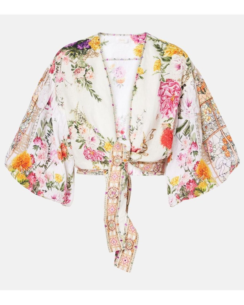 Camilla White Floral Tie-Front Linen Crop Top