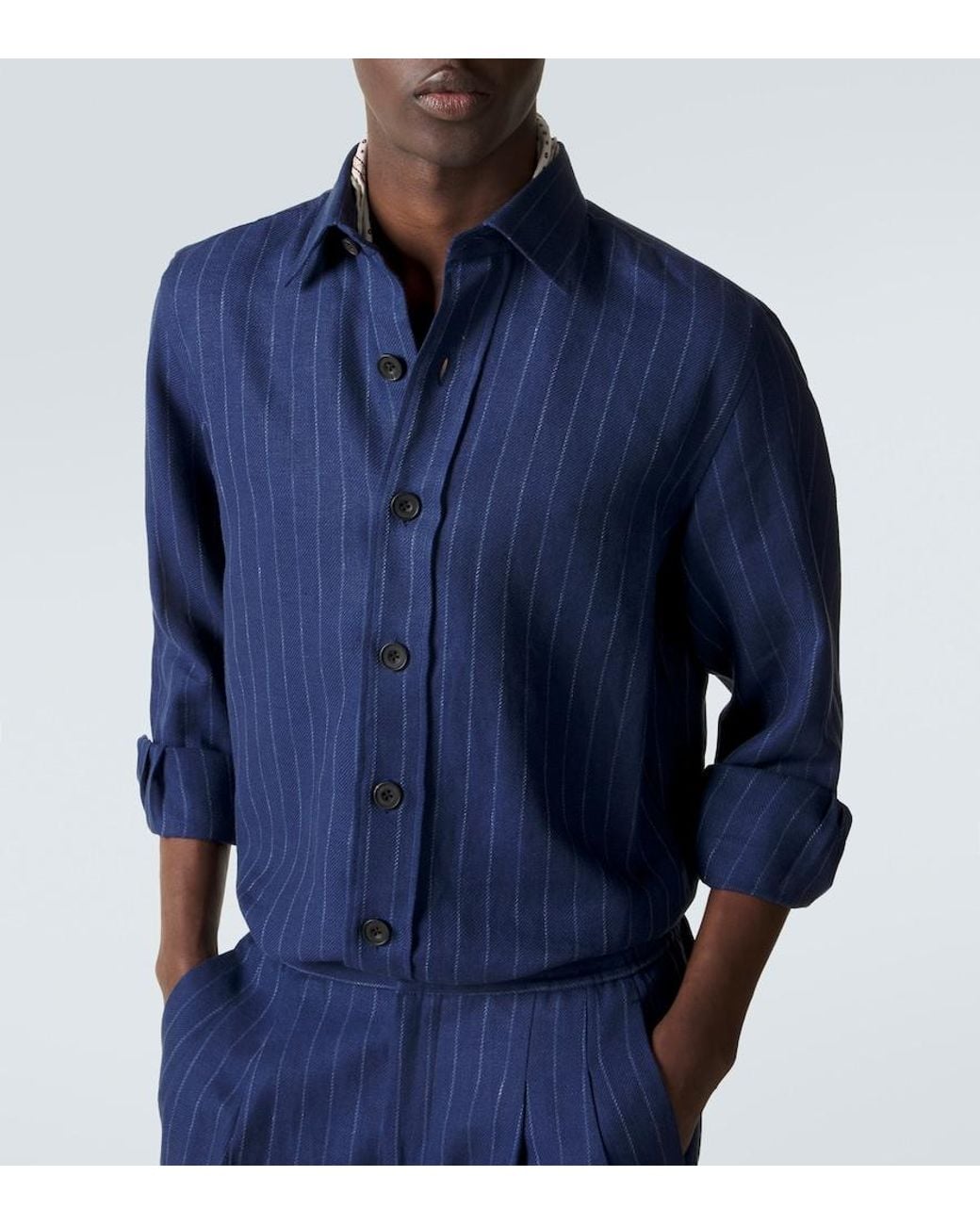Rubinacci Blue Striped Linen And Wool Shirt for men